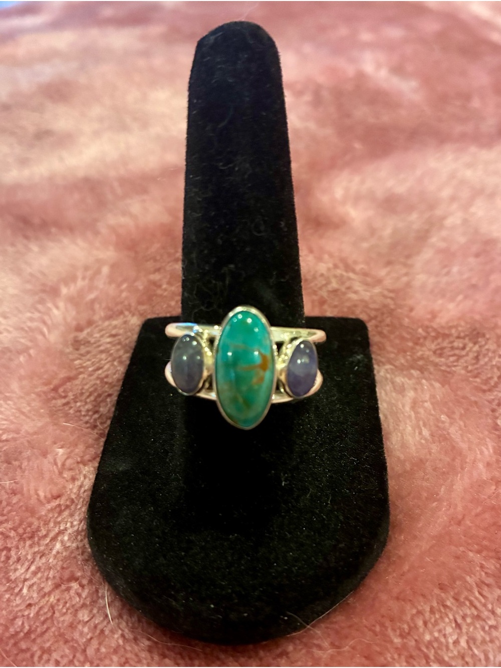 Vintage Jay King Turquoise Center with Lavender Side Stone Sterling Ring